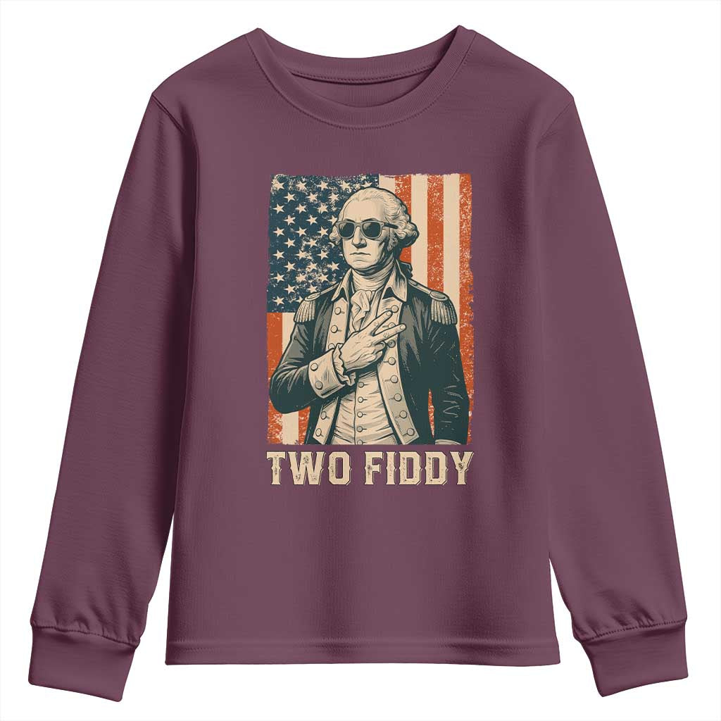 Two Fiddy Vintage George Washington Youth Sweatshirt Funny Sunglasses Peace Sign Retro American Flag Semiquincentennial