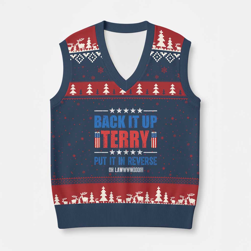 Back It Up Terry Put It In Reverse Oh Lawd V-Neck Knit Sweater Vest Funny 4th of July Fireworks Patriotic
