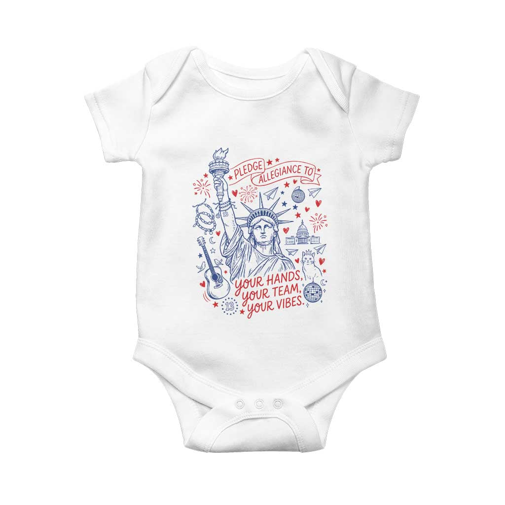 Pledge Allegiance To Your Hands Team Vibes Baby Onesie Statue of Liberty Doodle Americana Graphic