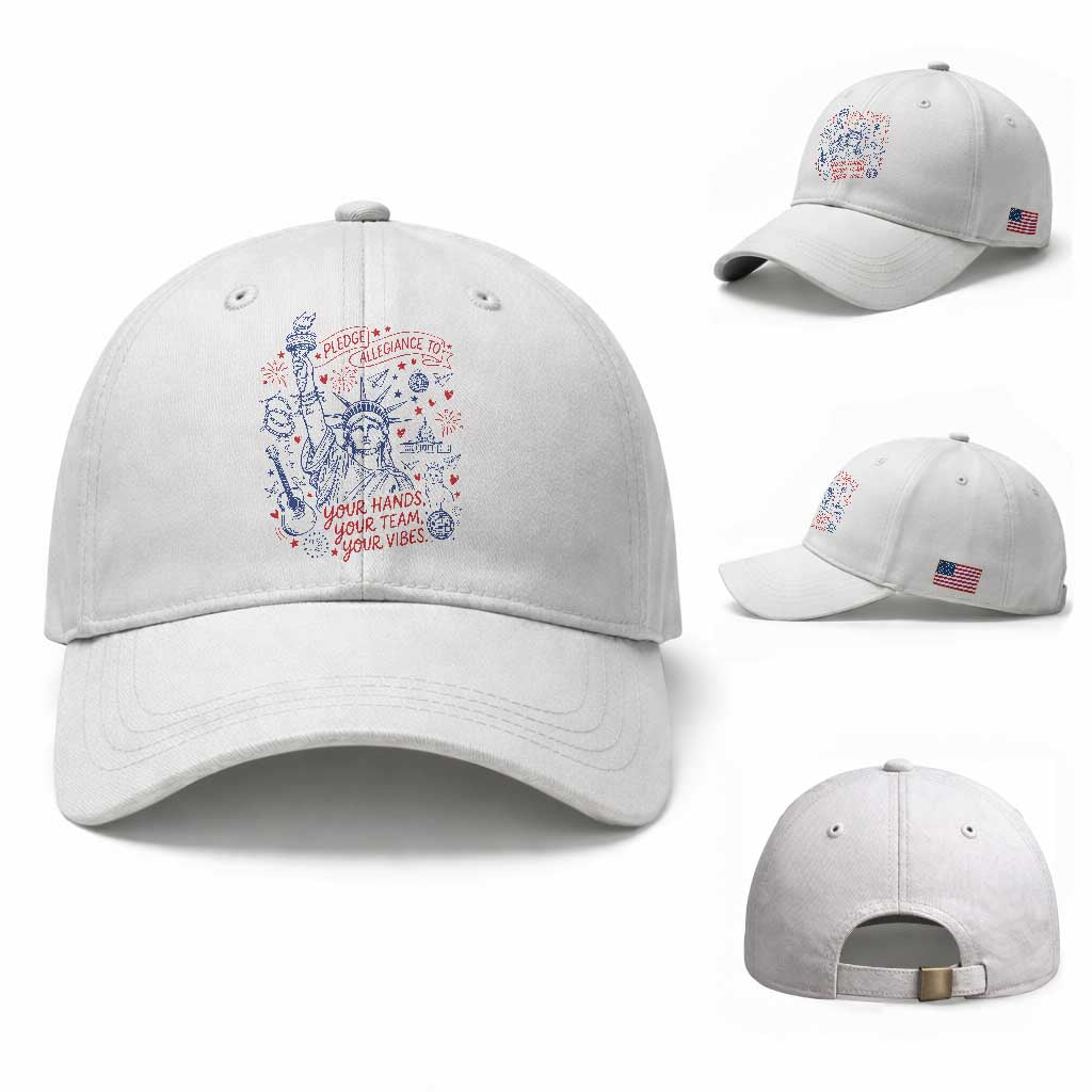 Pledge Allegiance To Your Hands Team Vibes Baseball Cap Statue of Liberty Doodle Americana Graphic