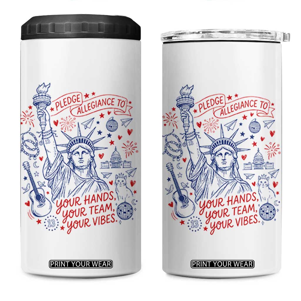 Pledge Allegiance To Your Hands Team Vibes 4 in 1 Can Cooler Tumbler Statue of Liberty Doodle Americana Graphic