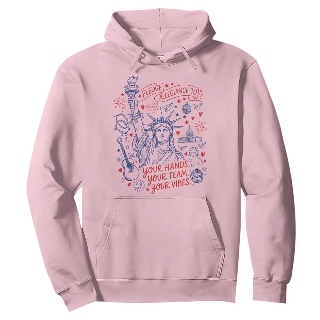 Pledge Allegiance To Your Hands Team Vibes Hoodie Statue of Liberty Doodle Americana Graphic