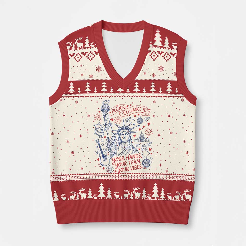 Pledge Allegiance To Your Hands Team Vibes V-Neck Knit Sweater Vest Statue of Liberty Doodle Americana Graphic TS02 Beige Red Print Your Wear