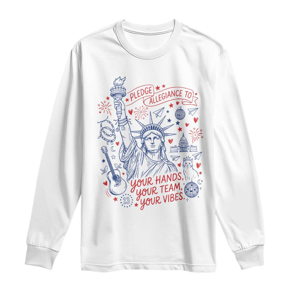 Pledge Allegiance To Your Hands Team Vibes Long Sleeve Shirt Statue of Liberty Doodle Americana Graphic TS02 White Print Your Wear