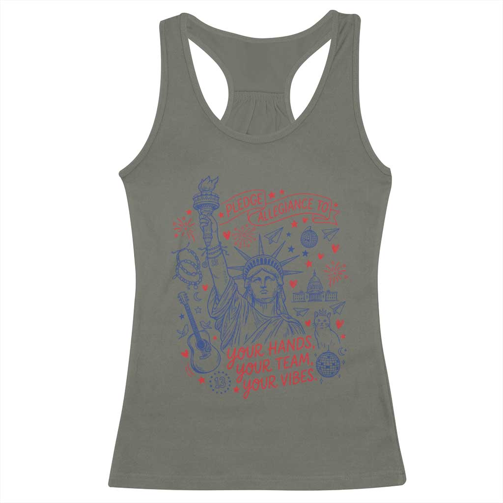 Pledge Allegiance To Your Hands Team Vibes Racerback Tank Top Statue of Liberty Doodle Americana Graphic