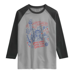 Pledge Allegiance To Your Hands Team Vibes Raglan Shirt Statue of Liberty Doodle Americana Graphic