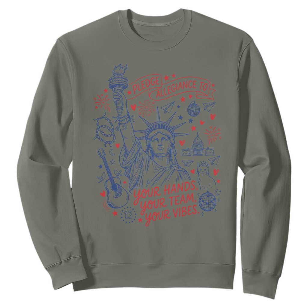 Pledge Allegiance To Your Hands Team Vibes Sweatshirt Statue of Liberty Doodle Americana Graphic