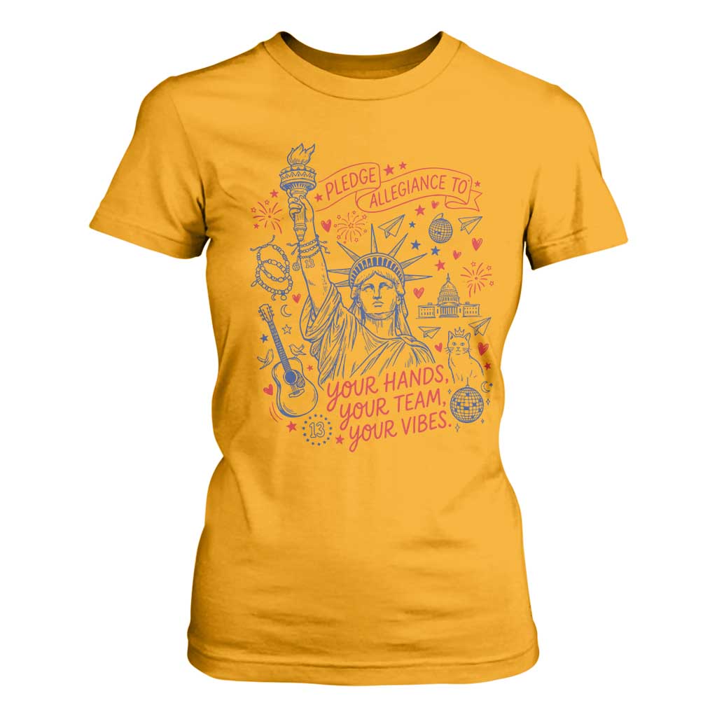 Pledge Allegiance To Your Hands Team Vibes T Shirt For Women Statue of Liberty Doodle Americana Graphic