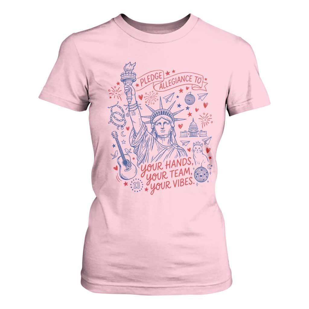 Pledge Allegiance To Your Hands Team Vibes T Shirt For Women Statue of Liberty Doodle Americana Graphic