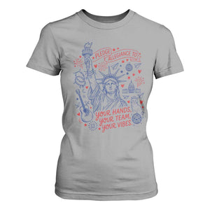 Pledge Allegiance To Your Hands Team Vibes T Shirt For Women Statue of Liberty Doodle Americana Graphic