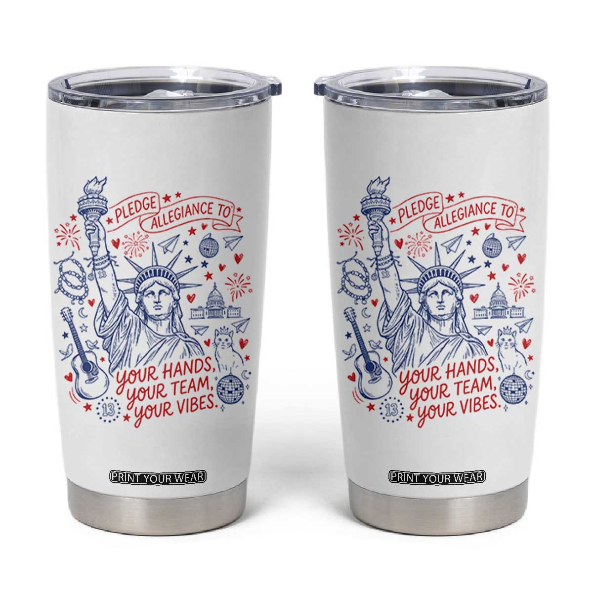 Pledge Allegiance To Your Hands Team Vibes Tumbler Cup Statue of Liberty Doodle Americana Graphic