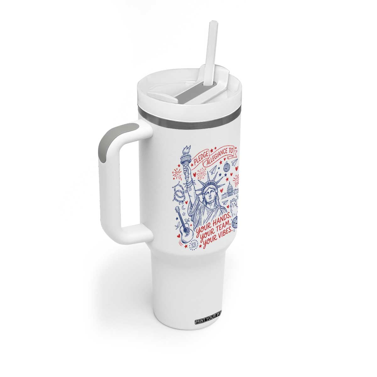 Pledge Allegiance To Your Hands Team Vibes Tumbler With Handle Statue of Liberty Doodle Americana Graphic