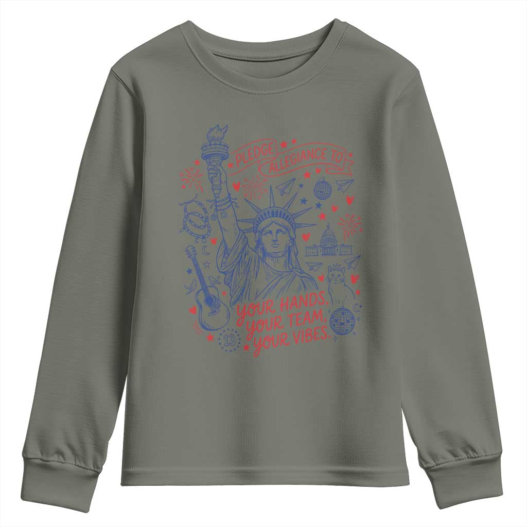 Pledge Allegiance To Your Hands Team Vibes Youth Sweatshirt Statue of Liberty Doodle Americana Graphic