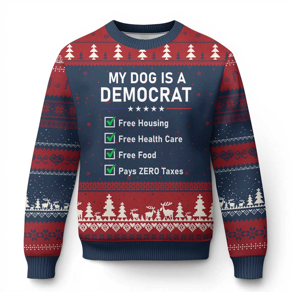 My Dog Is A Democrat Satirical Checklist Ugly Christmas Sweater Funny Conservative Humor Dog Owner Gifts TS02 Navy Red Print Your Wear