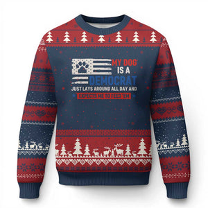 My Dog Is A Democrat American Paw Flag Patriotic Ugly Christmas Sweater Just Lays Around Expects To Be Fed Conservative Humor Dog Owner