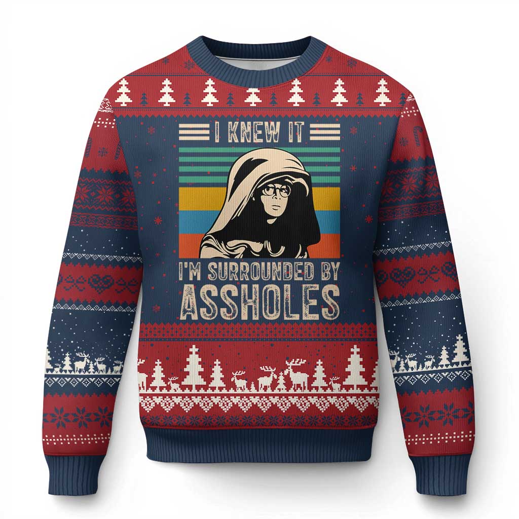 Funny I Knew It Im Surrounded by Axxholes Sci-fi Parody Ugly Christmas Sweater Retro Sunset Space Vintage 1980s Movie Quote Inspo Meme TS02 Navy Red Print Your Wear