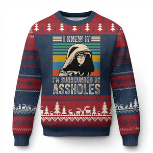 Funny I Knew It Im Surrounded by Axxholes Sci-fi Parody Ugly Christmas Sweater Retro Sunset Space Vintage 1980s Movie Quote Inspo Meme TS02 Navy Red Print Your Wear