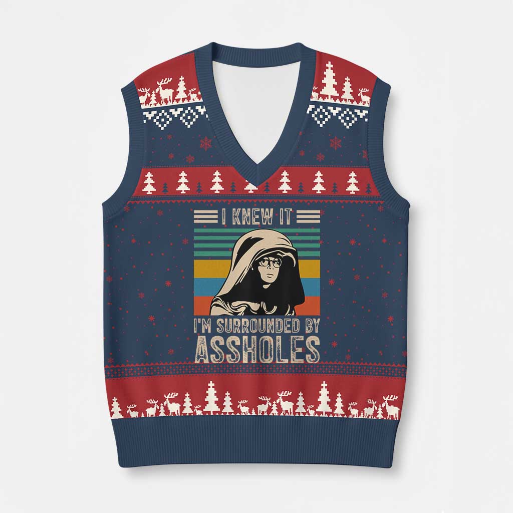 Funny I Knew It Im Surrounded by Axxholes Sci-fi Parody V-Neck Knit Sweater Vest Retro Sunset Space Vintage 1980s Movie Quote Inspo Meme TS02 Navy Red Print Your Wear