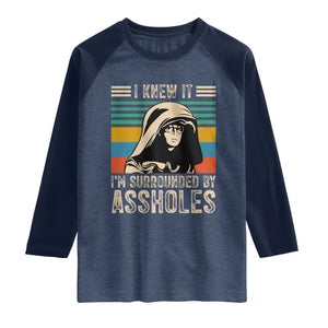 Funny I Knew It Im Surrounded by Axxholes Sci-fi Parody Raglan Shirt Retro Sunset Space Vintage 1980s Movie Quote Inspo Meme TS02 Heather Denim Navy Print Your Wear