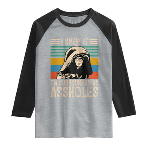 Funny I Knew It Im Surrounded by Axxholes Sci-fi Parody Raglan Shirt Retro Sunset Space Vintage 1980s Movie Quote Inspo Meme TS02 Heather Gray Black Print Your Wear