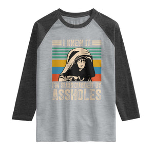 Funny I Knew It Im Surrounded by Axxholes Sci-fi Parody Raglan Shirt Retro Sunset Space Vintage 1980s Movie Quote Inspo Meme TS02 Heather Gray Heather Charcoal Print Your Wear