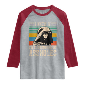 Funny I Knew It Im Surrounded by Axxholes Sci-fi Parody Raglan Shirt Retro Sunset Space Vintage 1980s Movie Quote Inspo Meme TS02 Heather Gray Heather Red Print Your Wear
