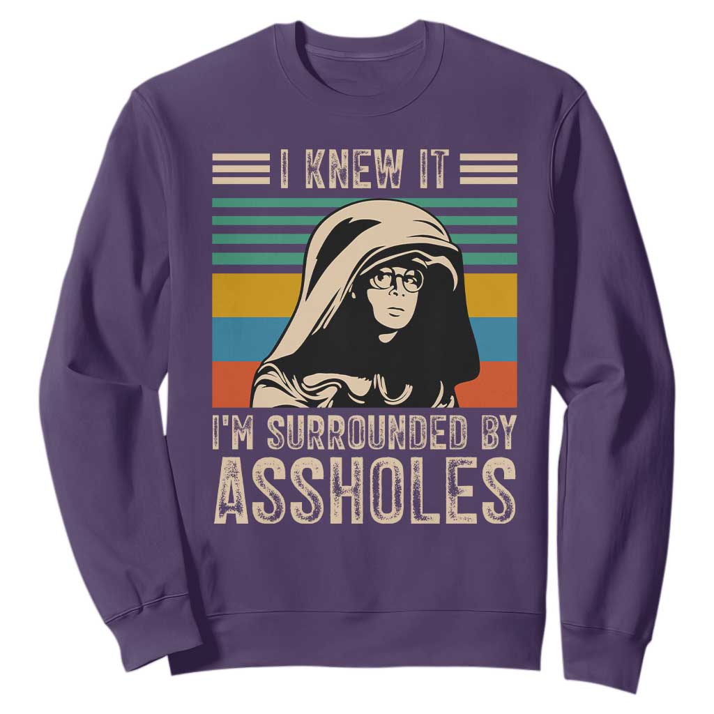 Funny I Knew It Im Surrounded by Axxholes Sci-fi Parody Sweatshirt Retro Sunset Space Vintage 1980s Movie Quote Inspo Meme TS02 Purple Print Your Wear