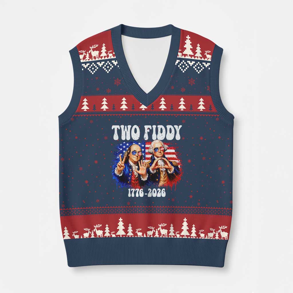Two Fiddy Founding Fathers 1776 to 2026 V-Neck Knit Sweater Vest Funny Benjamin Franklin and George Washington American Flag Semiquincentennial