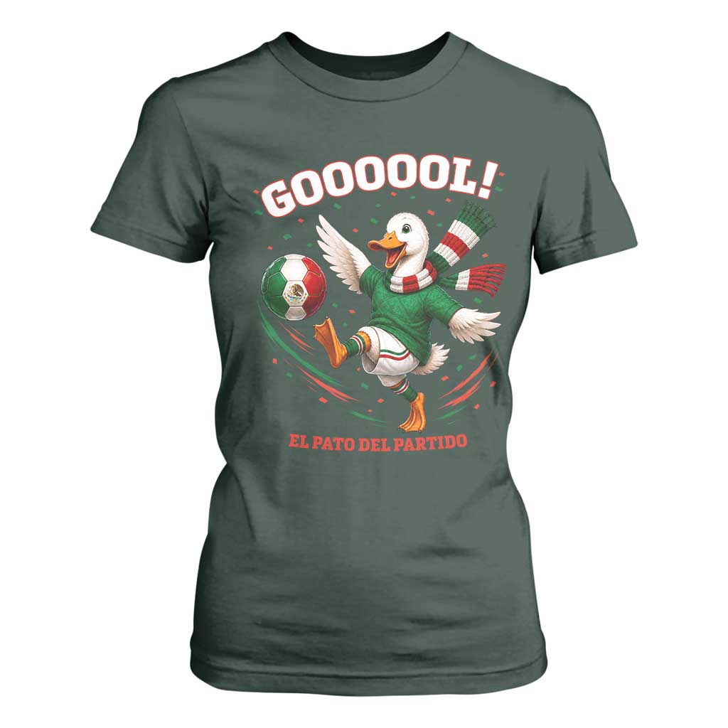 Funny Merlin the Duck Mexico Soccer Supporter T Shirt For Women El Pato Del Partido Goooool Football Fans TS02 Dark Forest Green Print Your Wear