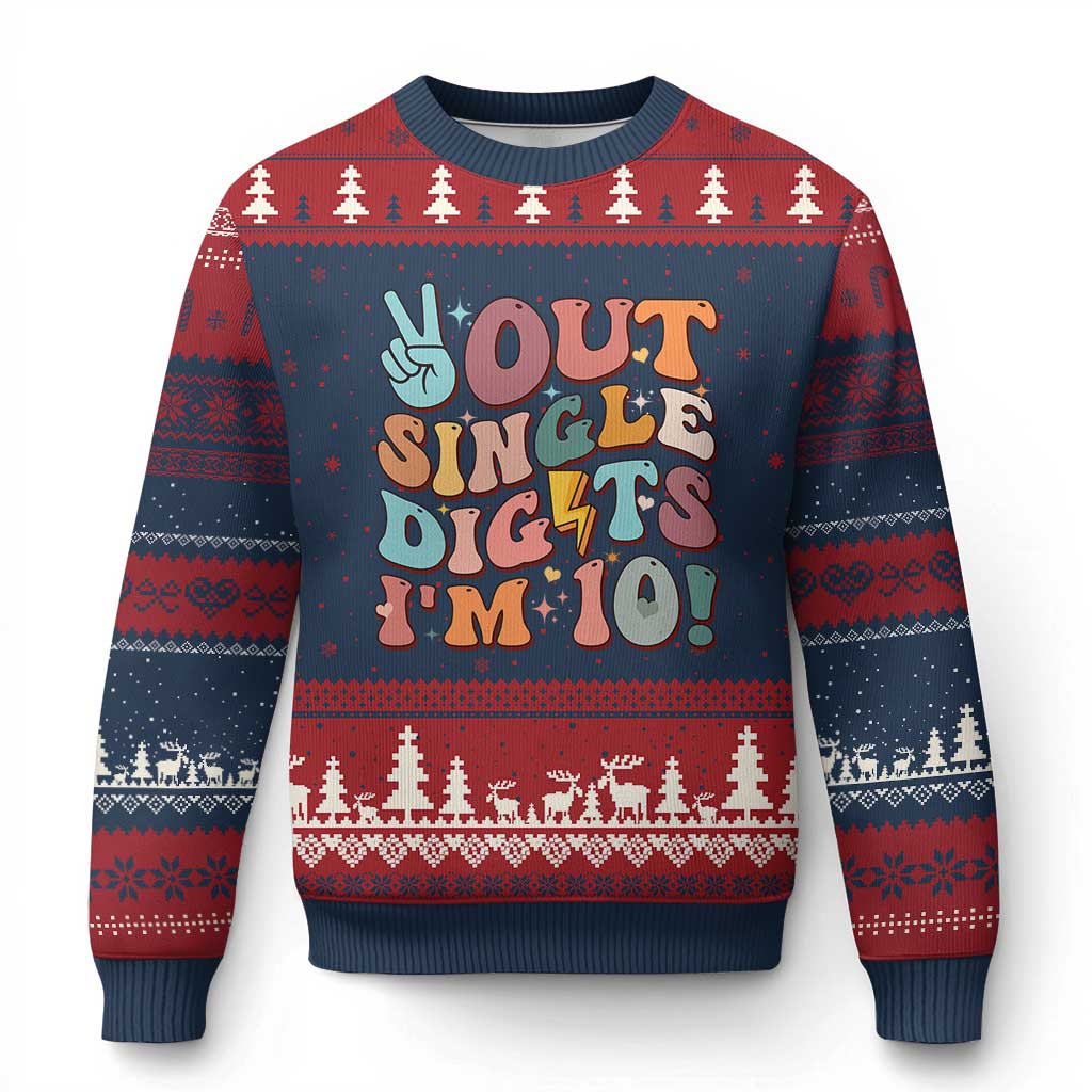 Funny Retro Groovy 10th Birthday Ugly Christmas Sweater Out Single Digits I'm Ten TS02 Navy Red Print Your Wear