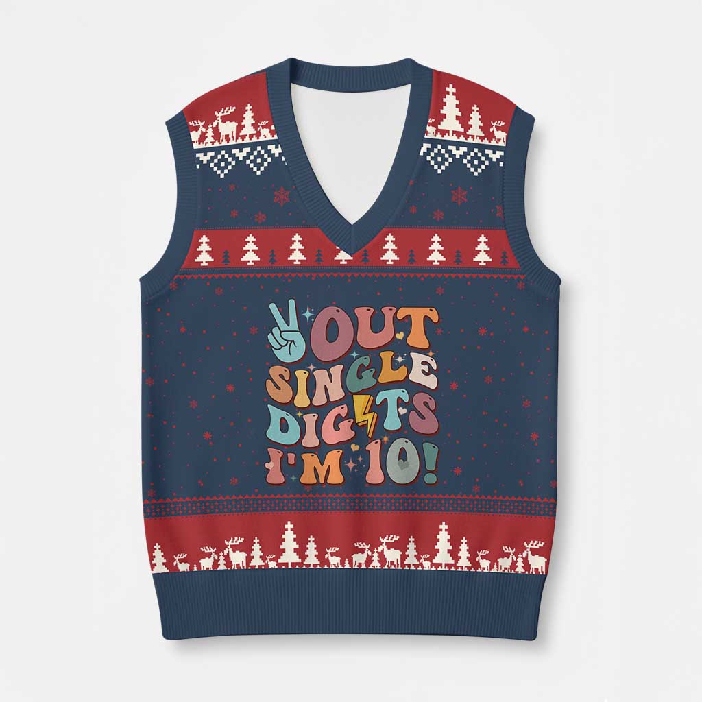 Funny Retro Groovy 10th Birthday V-Neck Knit Sweater Vest Out Single Digits I'm Ten TS02 Navy Red Print Your Wear