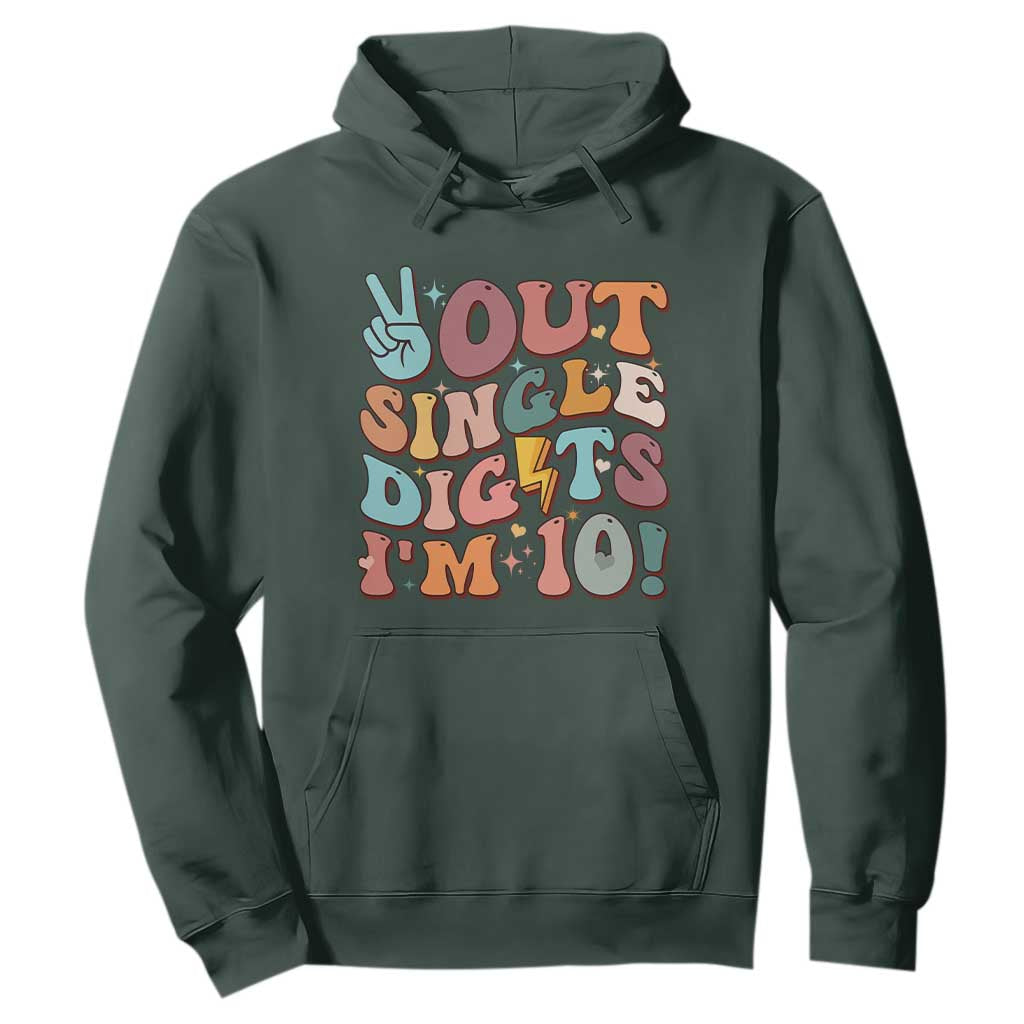 Funny Retro Groovy 10th Birthday Hoodie Out Single Digits I'm Ten TS02 Dark Forest Green Print Your Wear
