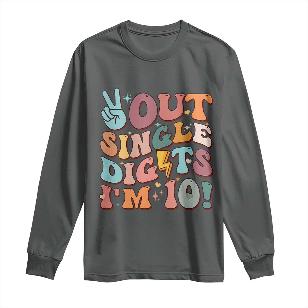 Funny Retro Groovy 10th Birthday Long Sleeve Shirt Out Single Digits I'm Ten TS02 Dark Heather Print Your Wear