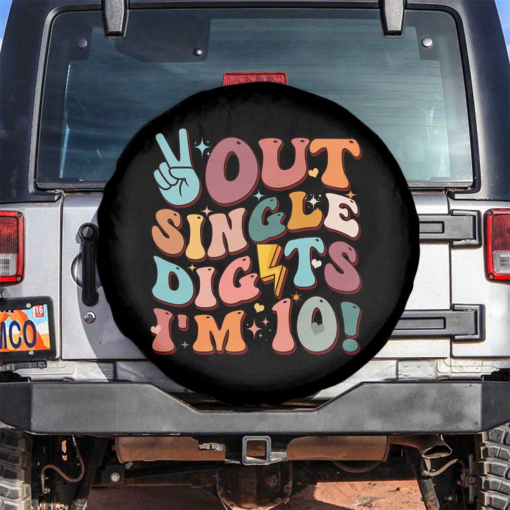 Funny Retro Groovy 10th Birthday Spare Tire Cover Out Single Digits I'm Ten TS02 No hole Black Print Your Wear