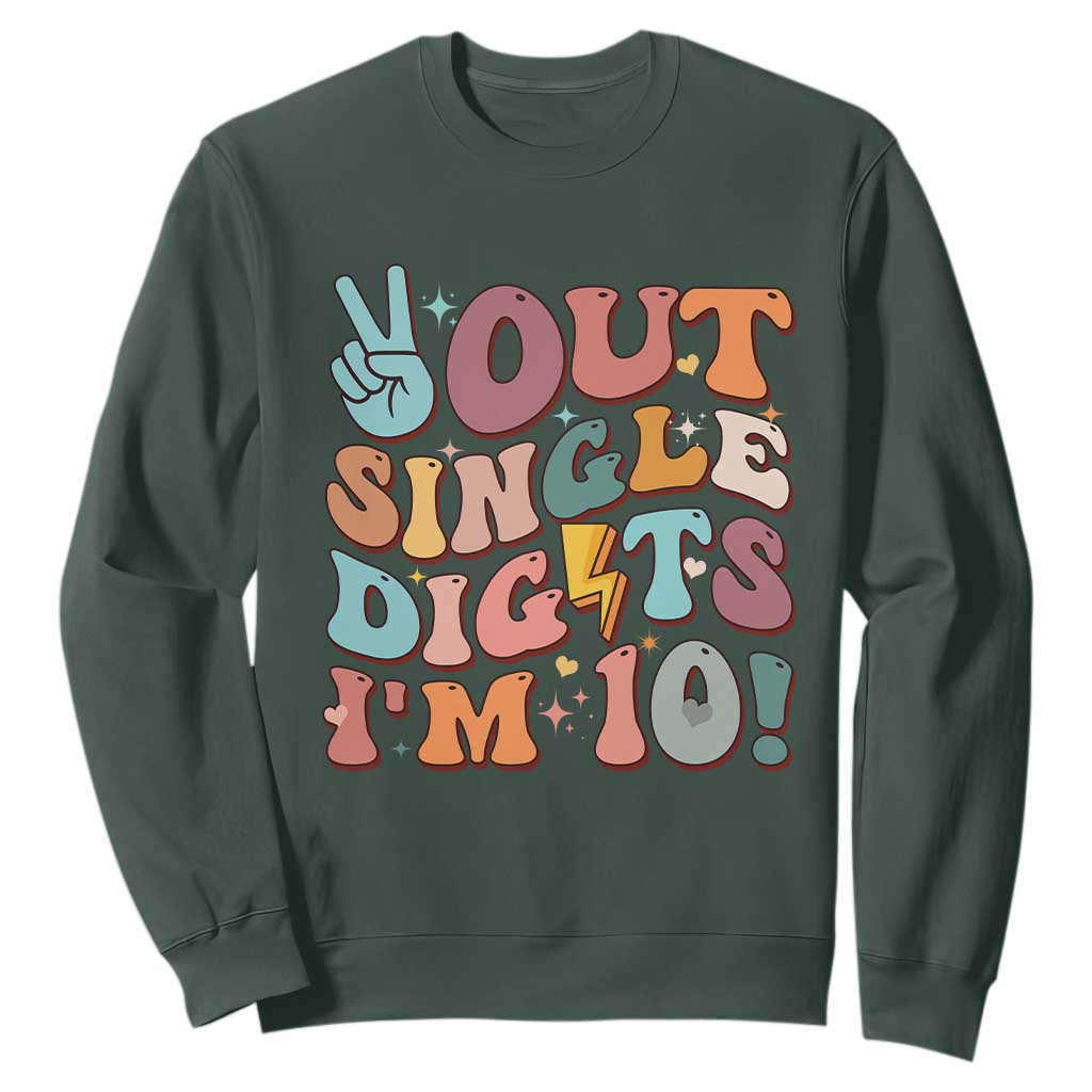 Funny Retro Groovy 10th Birthday Sweatshirt Out Single Digits I'm Ten TS02 Dark Forest Green Print Your Wear