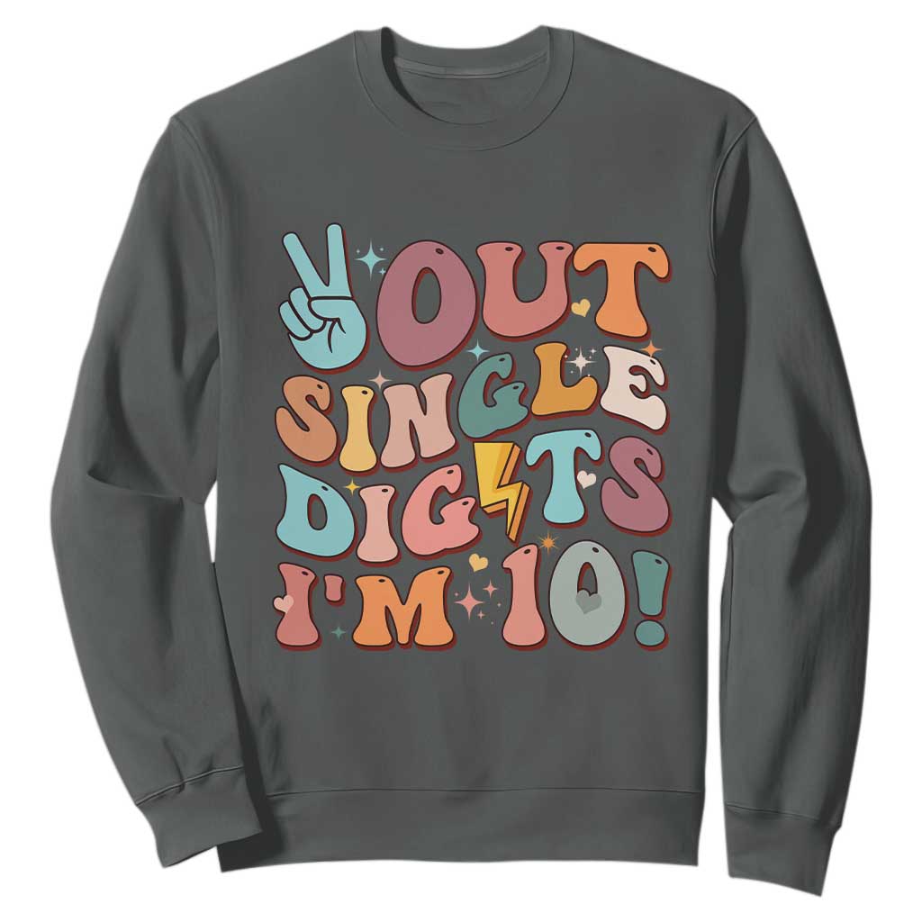 Funny Retro Groovy 10th Birthday Sweatshirt Out Single Digits I'm Ten TS02 Dark Heather Print Your Wear