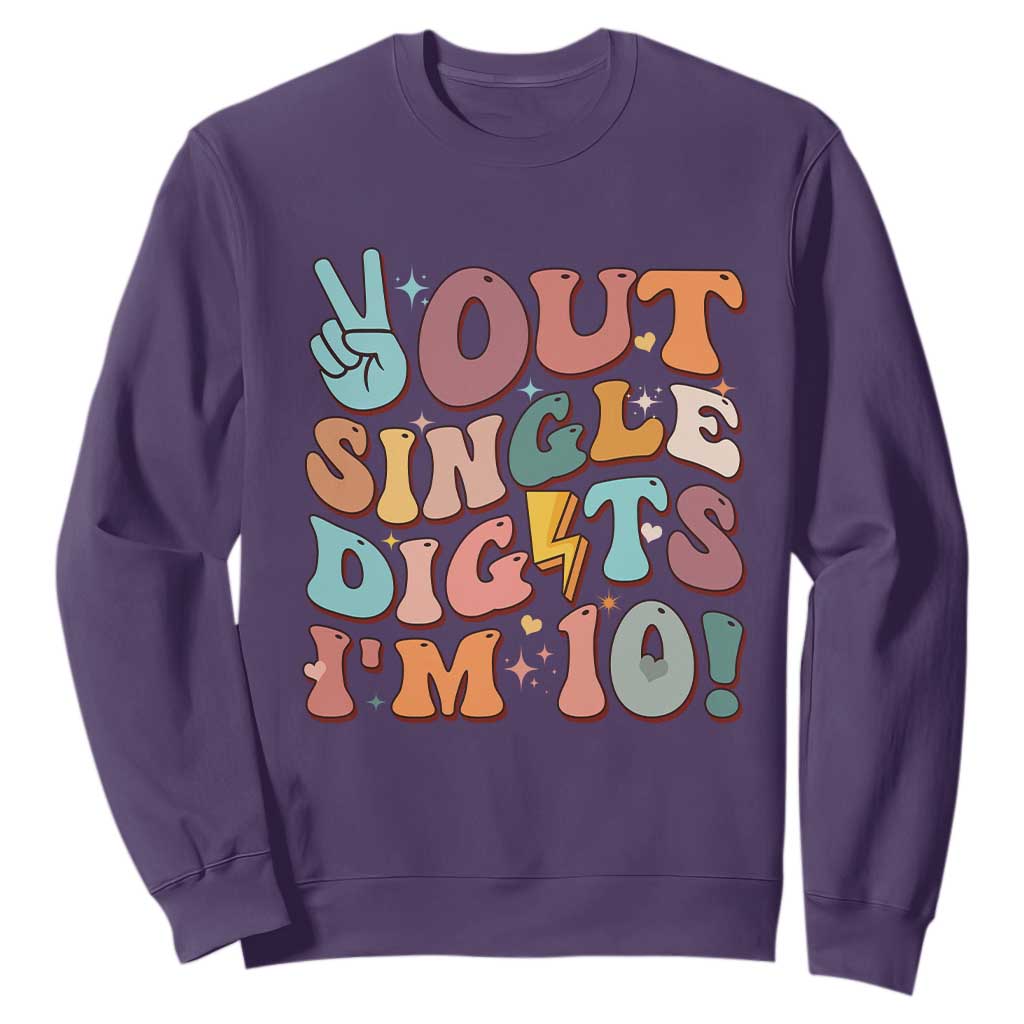 Funny Retro Groovy 10th Birthday Sweatshirt Out Single Digits I'm Ten TS02 Purple Print Your Wear
