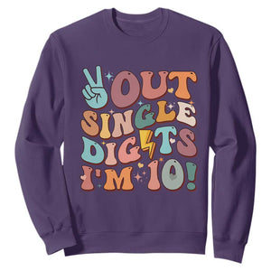 Funny Retro Groovy 10th Birthday Sweatshirt Out Single Digits I'm Ten TS02 Purple Print Your Wear