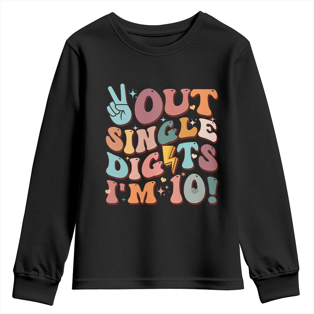Funny Retro Groovy 10th Birthday Youth Sweatshirt Out Single Digits I'm Ten TS02 Black Print Your Wear
