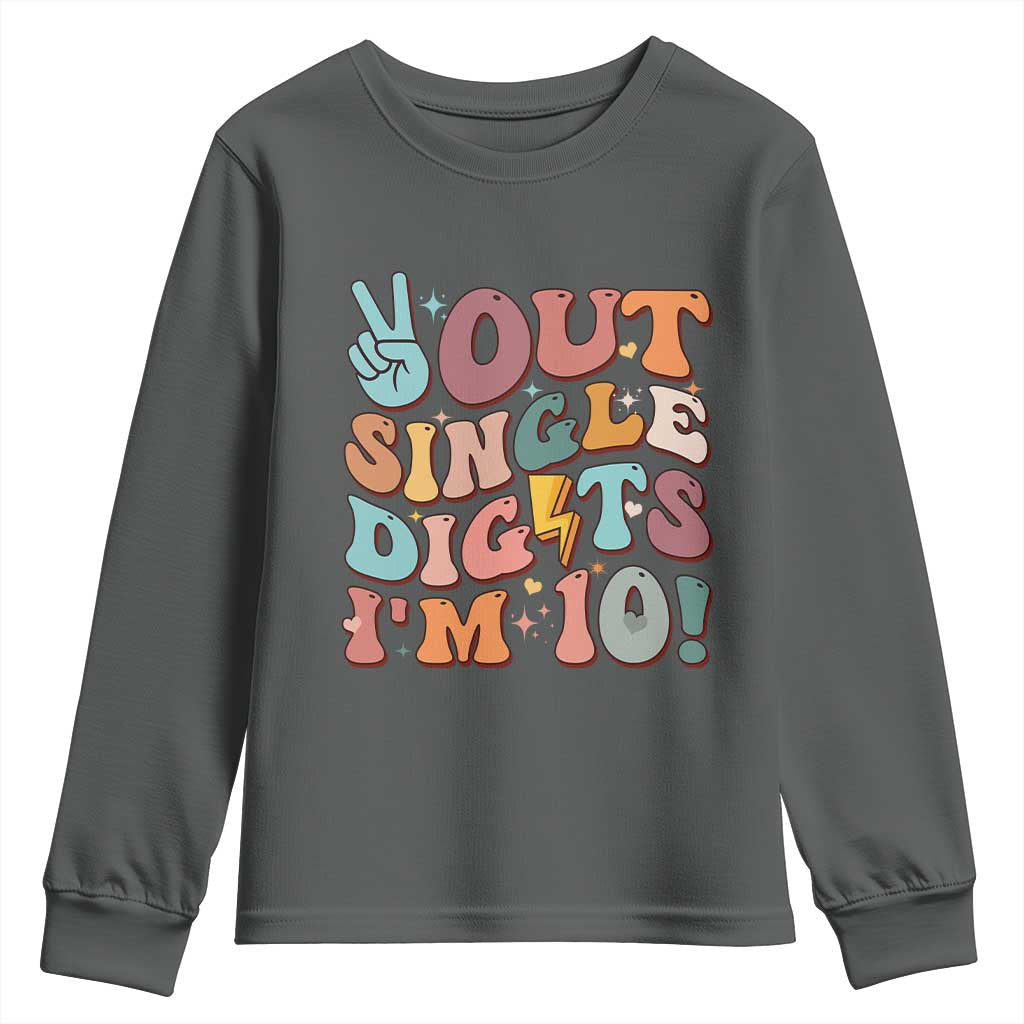 Funny Retro Groovy 10th Birthday Youth Sweatshirt Out Single Digits I'm Ten TS02 Dark Heather Print Your Wear