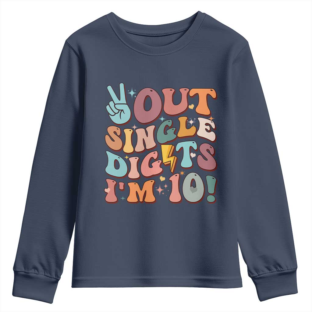 Funny Retro Groovy 10th Birthday Youth Sweatshirt Out Single Digits I'm Ten TS02 Navy Print Your Wear