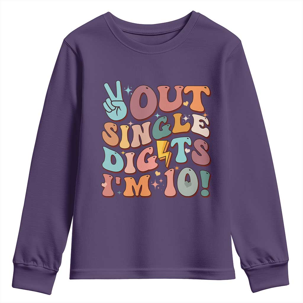 Funny Retro Groovy 10th Birthday Youth Sweatshirt Out Single Digits I'm Ten TS02 Purple Print Your Wear
