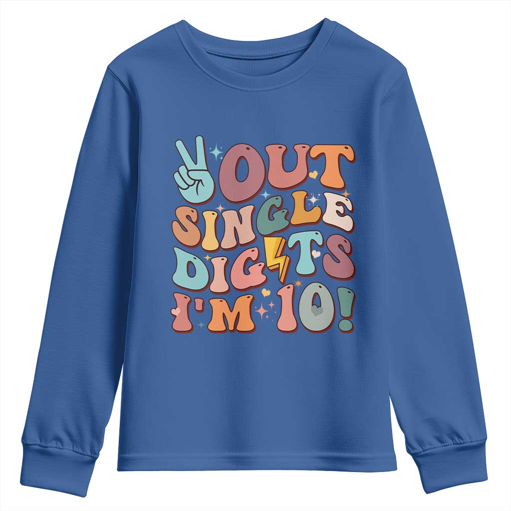 Funny Retro Groovy 10th Birthday Youth Sweatshirt Out Single Digits I'm Ten TS02 Royal Blue Print Your Wear