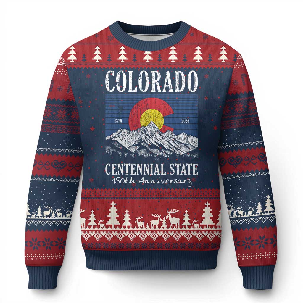 Colorado Centennial State 150th Anniversary Ugly Christmas Sweater 1876 2026 Vintage Mountain Graphic TS02 Navy Red Print Your Wear