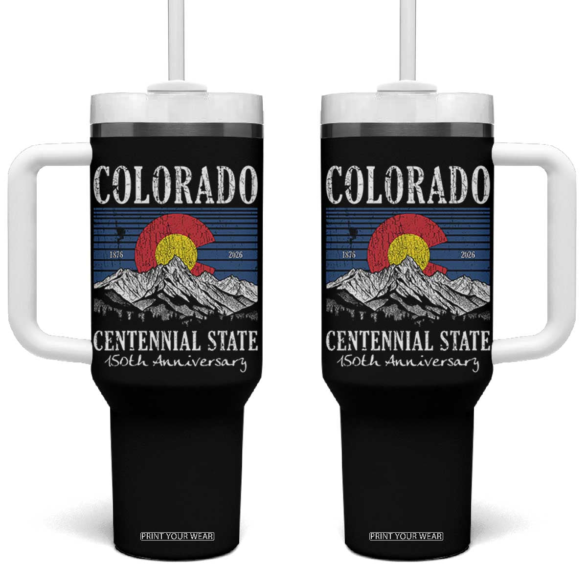 Colorado Centennial State 150th Anniversary Tumbler With Handle 1876 2026 Vintage Mountain Graphic TS02 One Size: 40 oz Black Print Your Wear