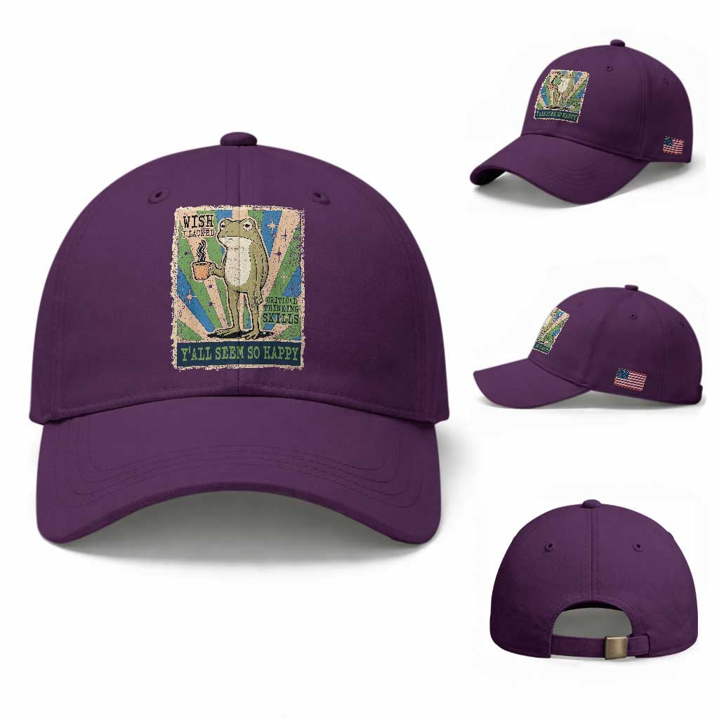 Vintage Frog Drinking Coffee Sarcastic Meme Baseball Cap Wish I Lacked Critical Thinking Skills You All Seem So Happy