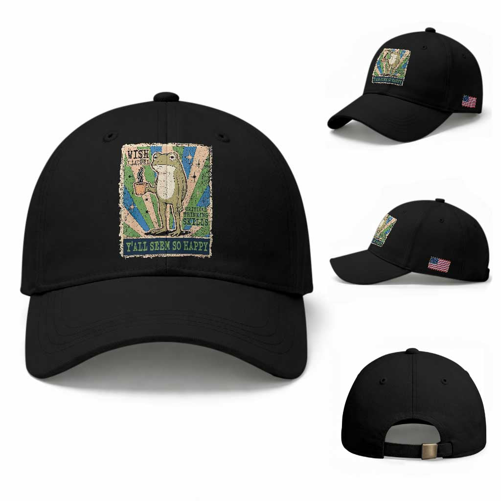 Vintage Frog Drinking Coffee Sarcastic Meme Baseball Cap Wish I Lacked Critical Thinking Skills You All Seem So Happy