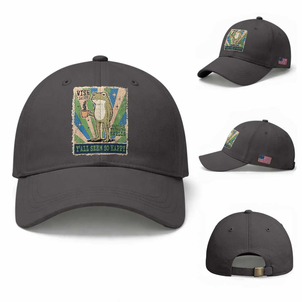 Vintage Frog Drinking Coffee Sarcastic Meme Baseball Cap Wish I Lacked Critical Thinking Skills You All Seem So Happy