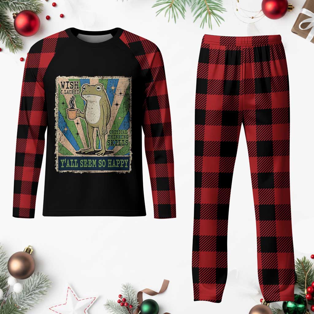 Vintage Frog Drinking Coffee Sarcastic Meme Plaid Pajama Set Wish I Lacked Critical Thinking Skills You All Seem So Happy TS02 Buffalo Plaid Print Your Wear