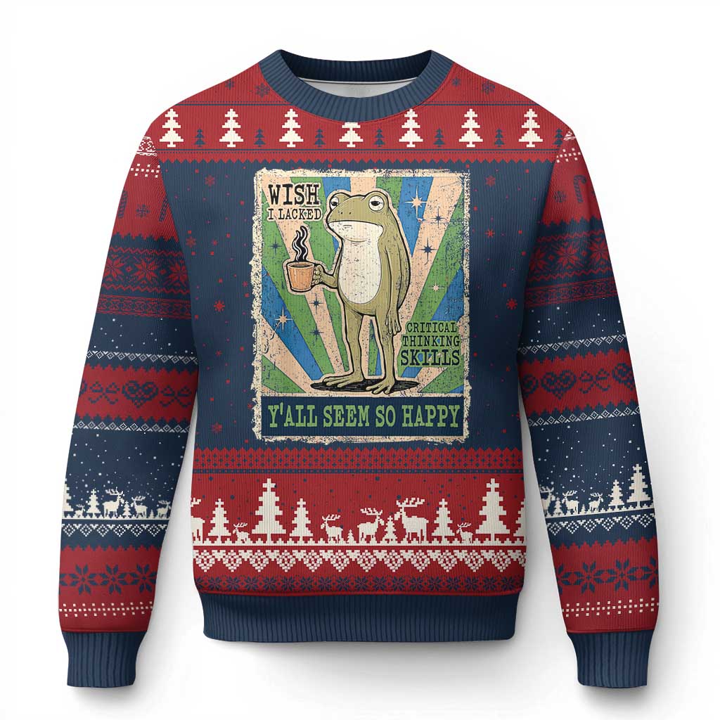 Vintage Frog Drinking Coffee Sarcastic Meme Ugly Christmas Sweater Wish I Lacked Critical Thinking Skills You All Seem So Happy TS02 Navy Red Print Your Wear